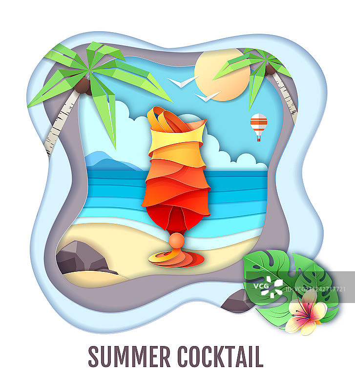 海滩风景剪纸上的热带鸡尾酒图片素材