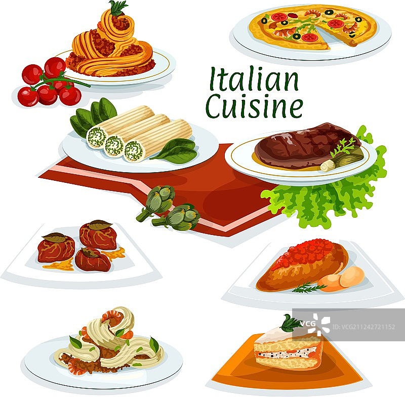 含甜点的意大利美食晚餐卡通图标图片素材