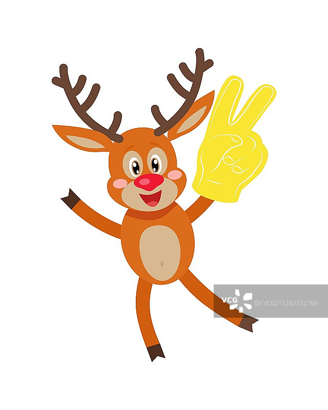 戴着胜利手势手套的鹿，白色背景图片素材