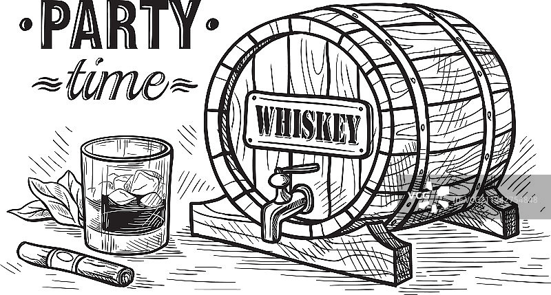 威士忌酒瓶、酒杯和木桶素描图片素材