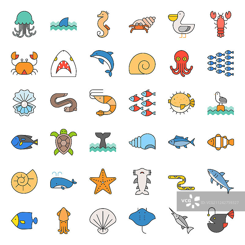 水生海洋生物轮廓图标集图片素材
