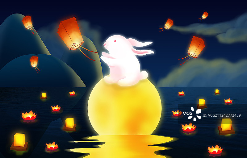 湖水中坐在月亮上放孔明灯的白色玉兔中秋节插画图片素材