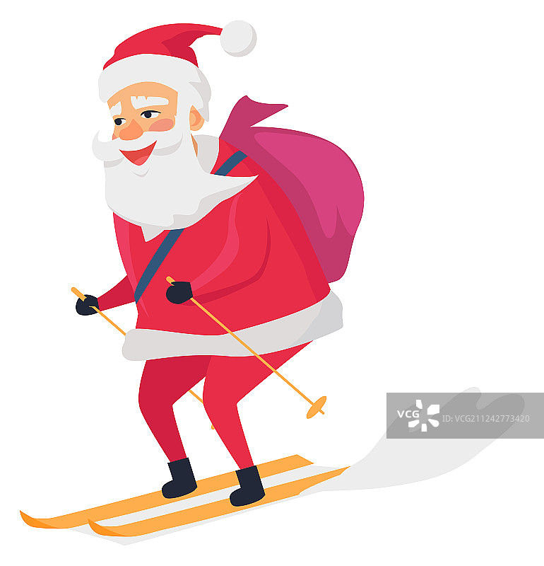 白色背景上快乐的圣诞老人滑雪图片素材