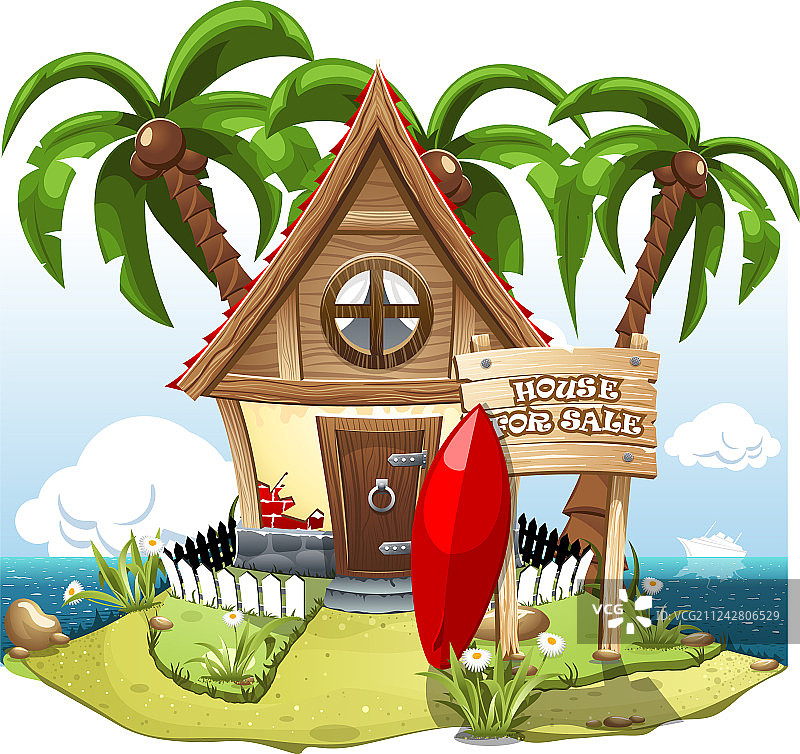 卡通仙女屋：绿色山丘海滩图片素材