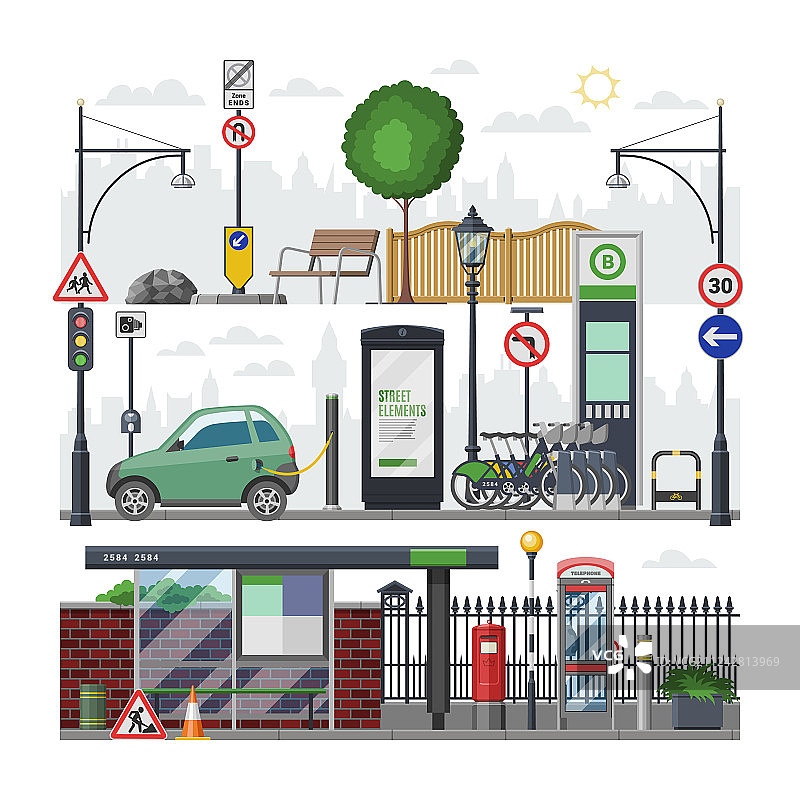 含巴士的城市2.5D等距城市景观图片素材