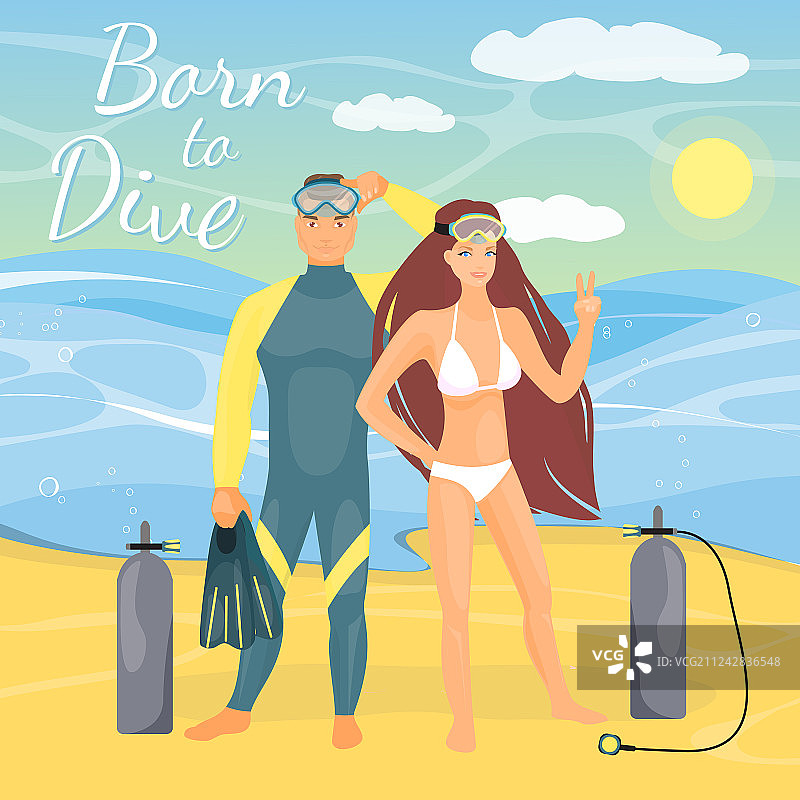 扁平风格的潜水情侣图片素材