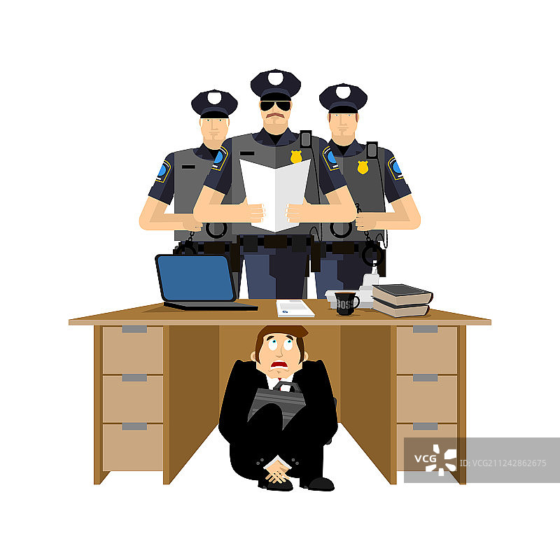 躲在警察桌子下的害怕商人图片素材