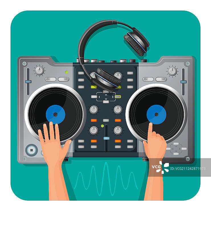 DJ转盘、现代耳机和人手图片素材
