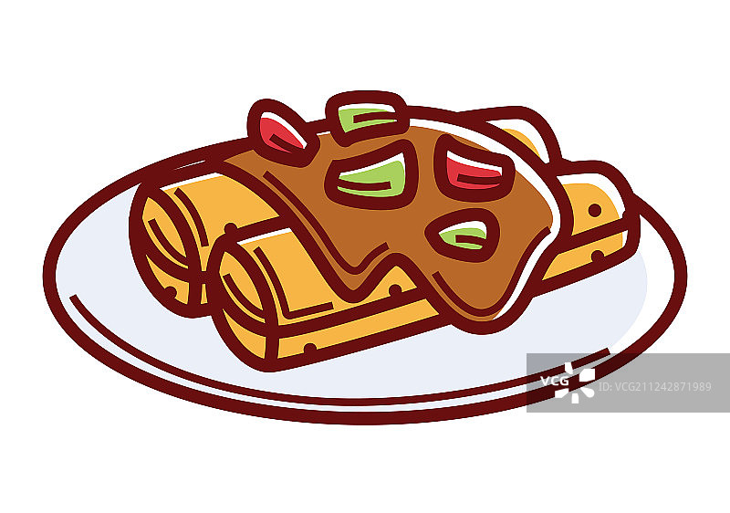 盘中辣酱玉米卷饼，配绿色蔬菜图片素材