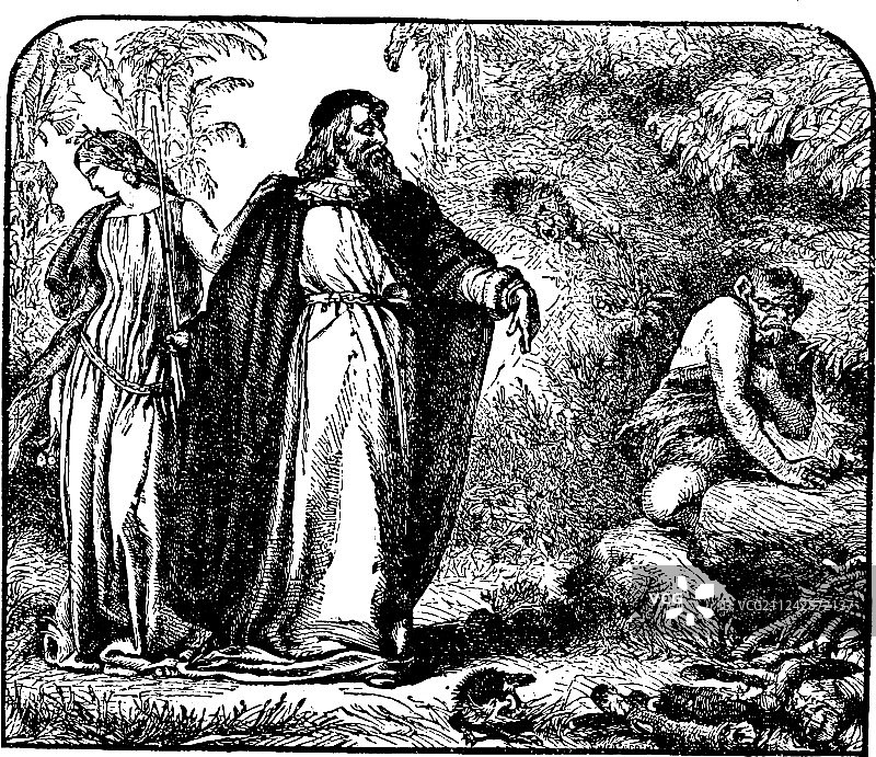 复古风格的普洛斯彼罗、米兰达和卡利班图片素材