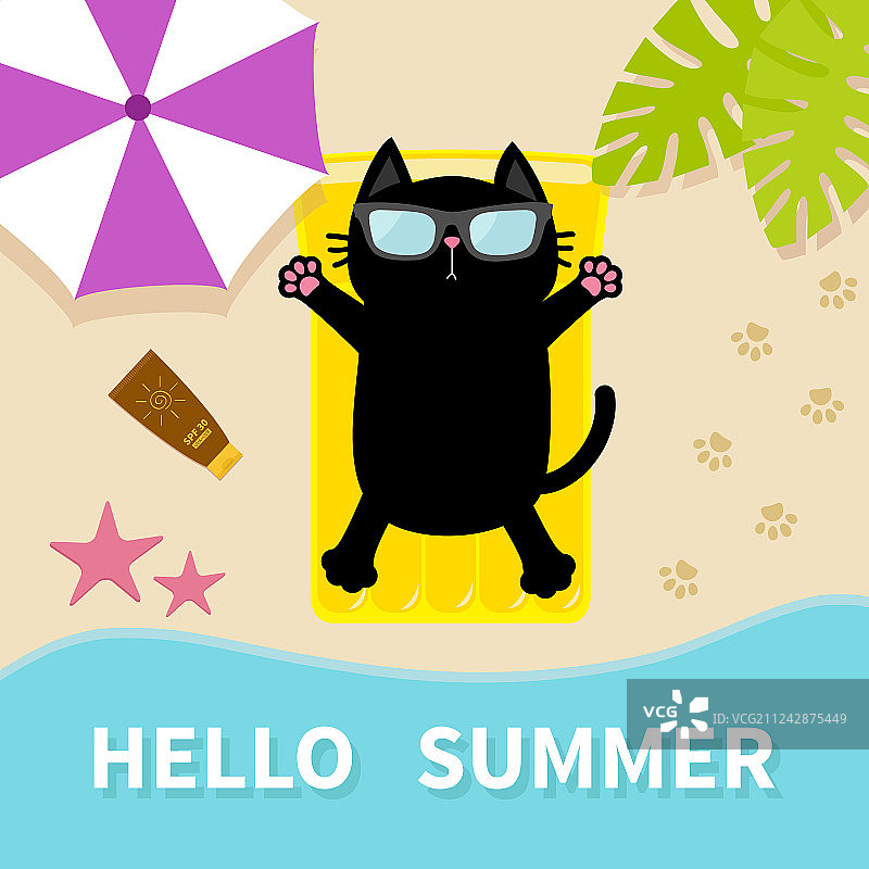 黑色猫咪在沙滩黄色充气泳池里日光浴图片素材