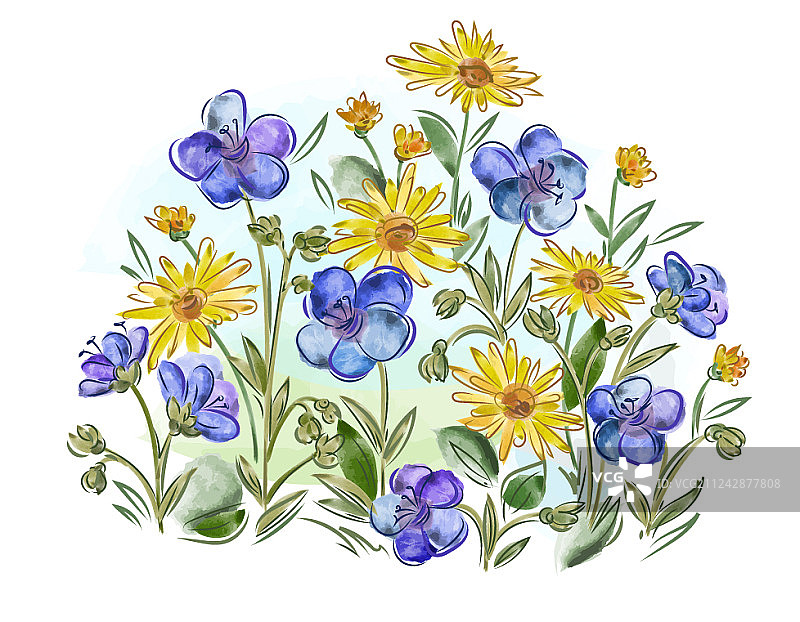 水彩花卉：紫罗兰、三色堇与叶子图片素材