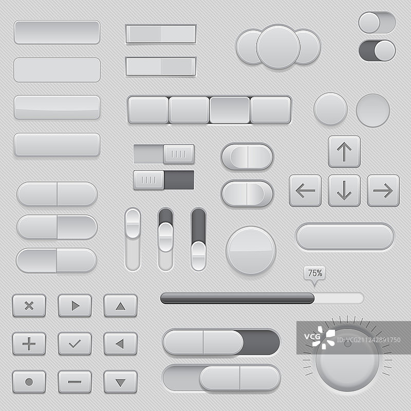 灰色界面3D按钮和滑块UI组件图片素材