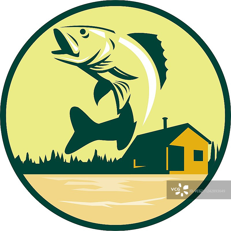 白斑狗鱼湖畔小屋圆形复古标志图片素材
