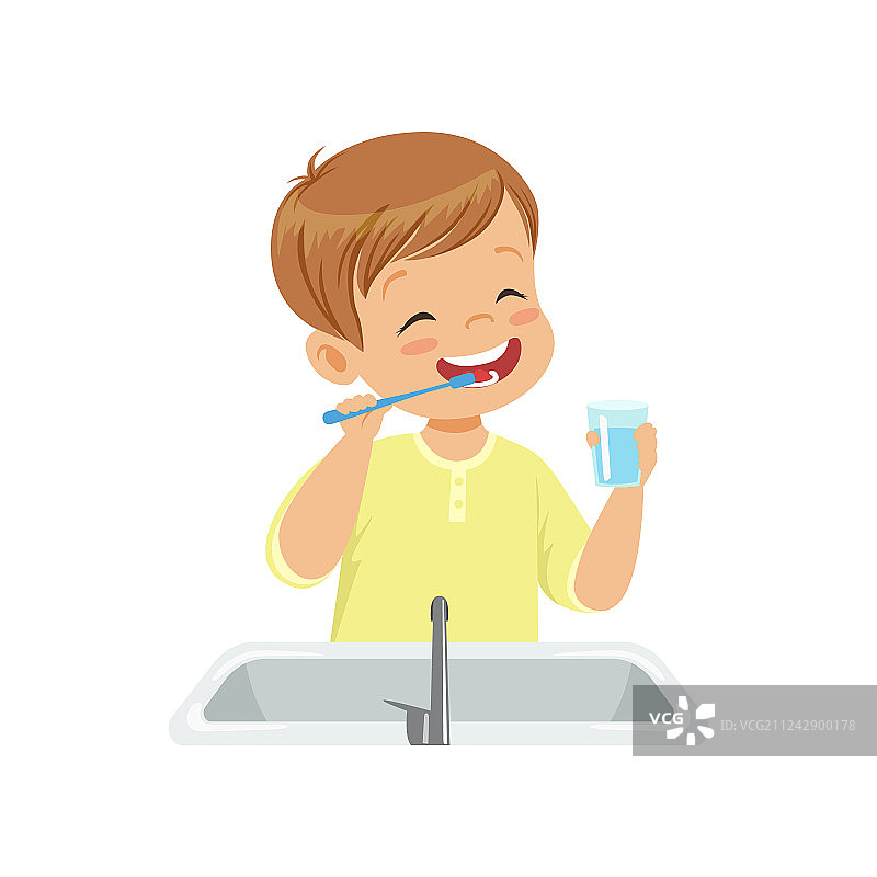 男孩刷牙和用水漱口图片素材