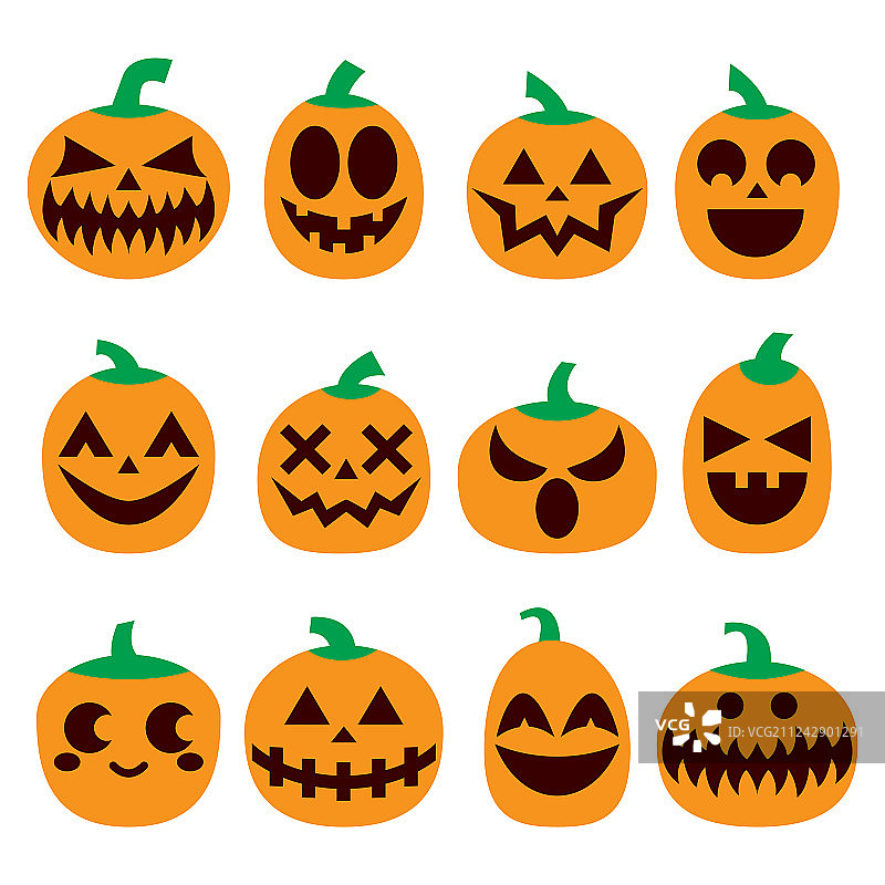 万圣节恐怖面孔南瓜图标套装图片素材