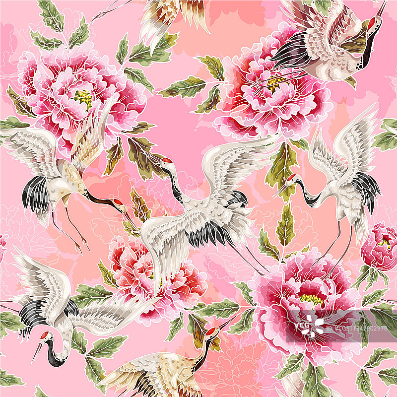 白色仙鹤的精致无缝图案图片素材