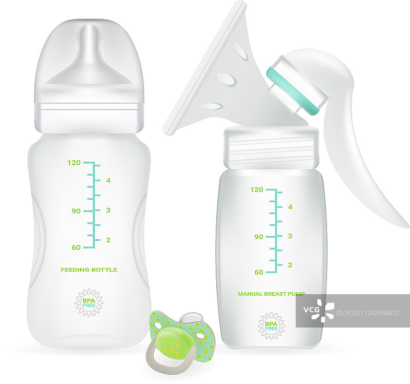 带奶嘴的婴儿奶瓶和吸奶器图片素材