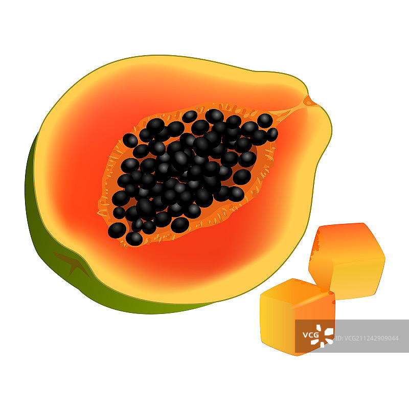 逼真的对半切开和切丁的木瓜图片素材