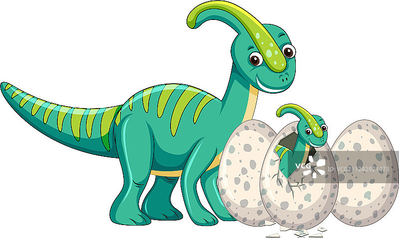成年恐龙和正在孵蛋的幼龙图片素材