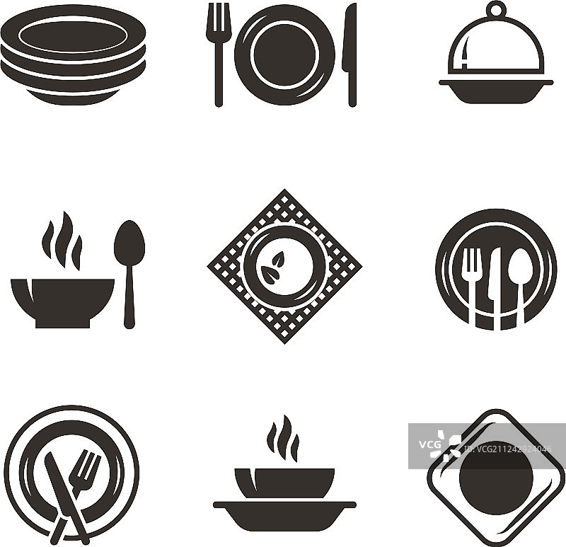 厨房餐盘和餐具黑色剪影图标图片素材