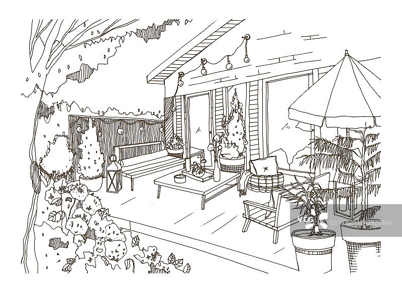 后院露台或阳台的手绘草图图片素材