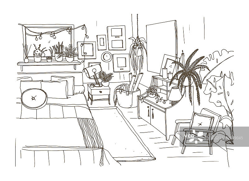 舒适卧室的单色素描图片素材