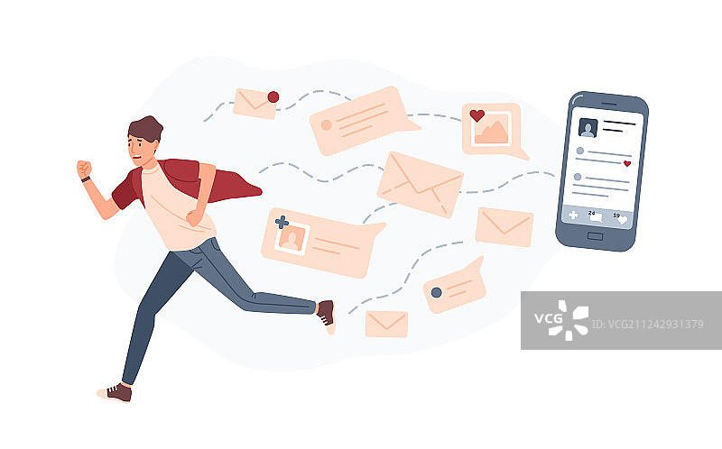 年轻男人逃离巨型智能手机图片素材