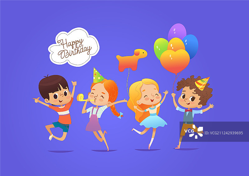 拿着气球和戴着生日帽的快乐儿童图片素材