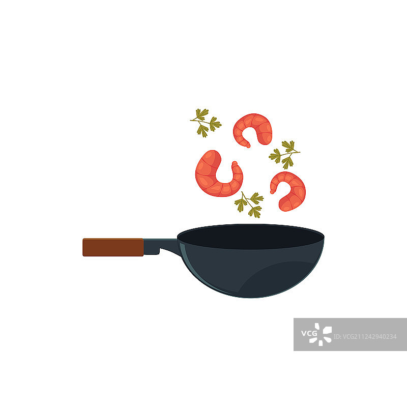 锅中烹饪的虾仁、对虾和欧芹叶图片素材