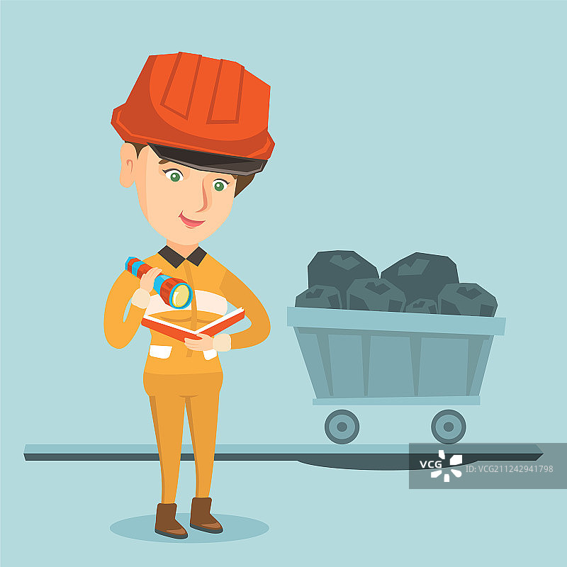 白人矿工用手电筒检查文件图片素材