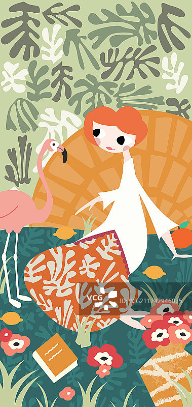 女孩与火烈鸟和亨利·马蒂斯风格图片素材