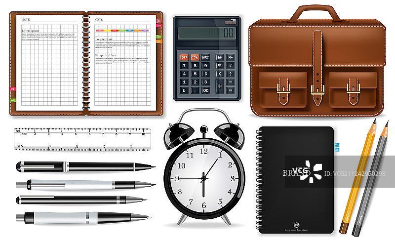 办公用品套装与逼真闹钟图片素材