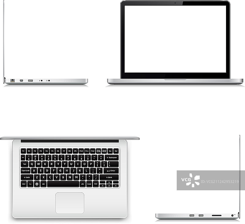 笔记本电脑的正面、侧面和顶视图图片素材