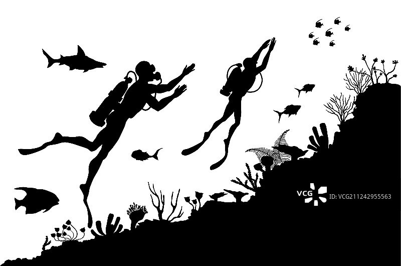 潜水员探索水下礁石的轮廓图片素材