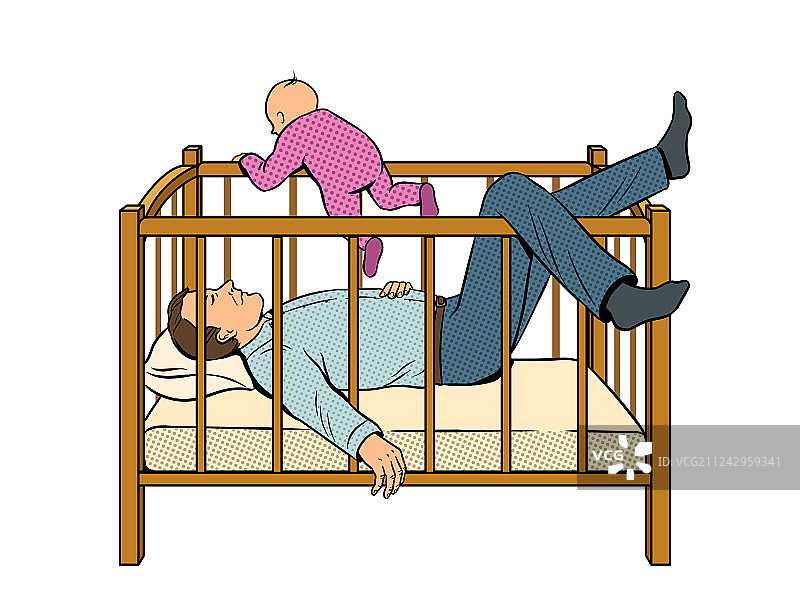 父亲睡觉，宝宝逃跑波普艺术图片素材