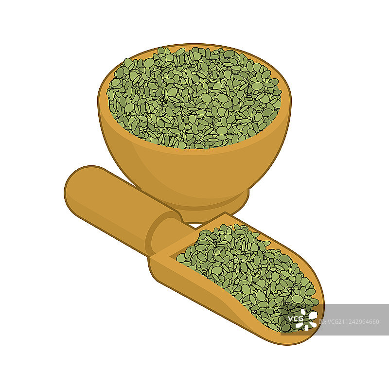 木碗和勺子中的绿色小扁豆图片素材