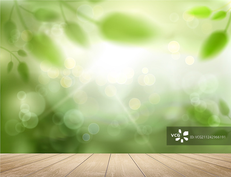绿色自然背景上的木桌图片素材