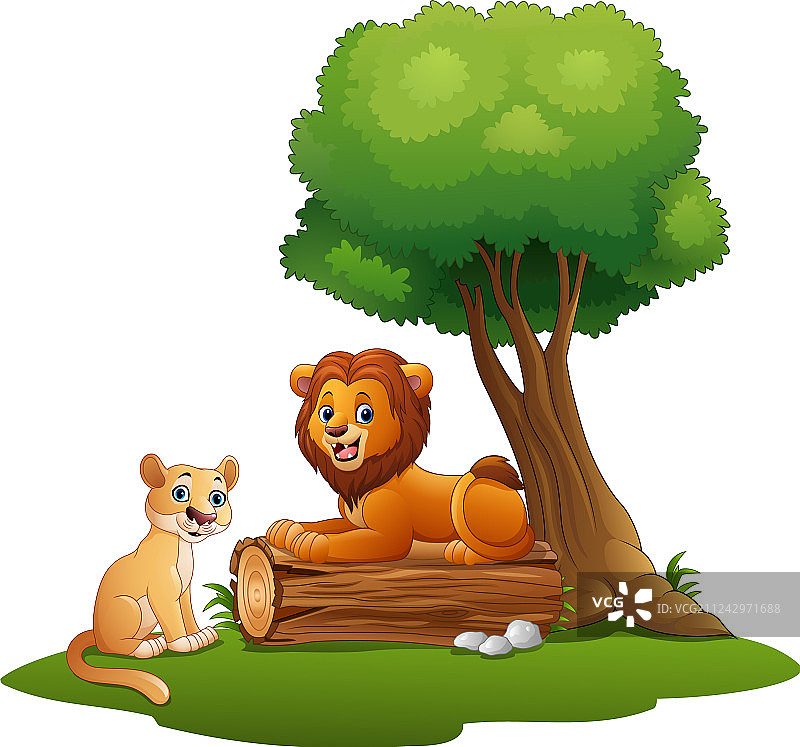 雄性和雌性可爱小狮子坐在森林里图片素材