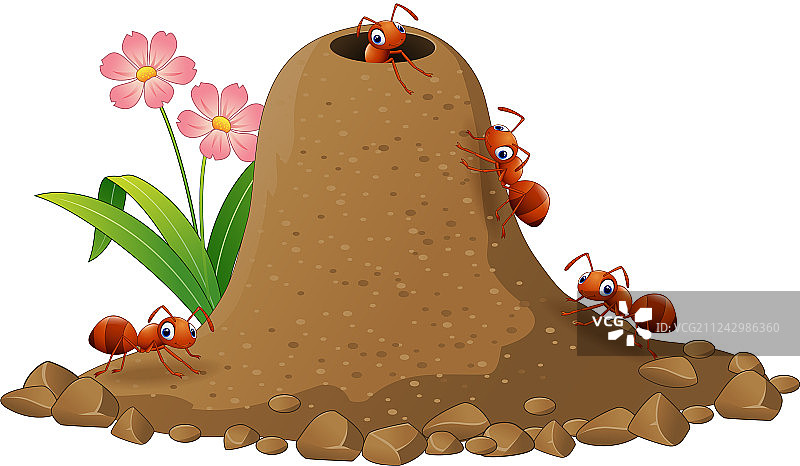 卡通蚂蚁群和蚁丘图片素材