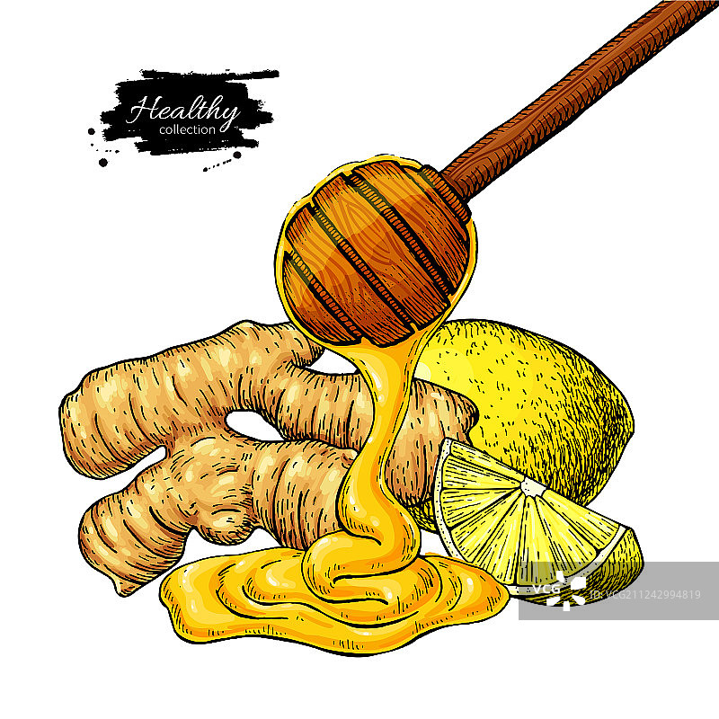 姜、蜂蜜和柠檬木板画图片素材