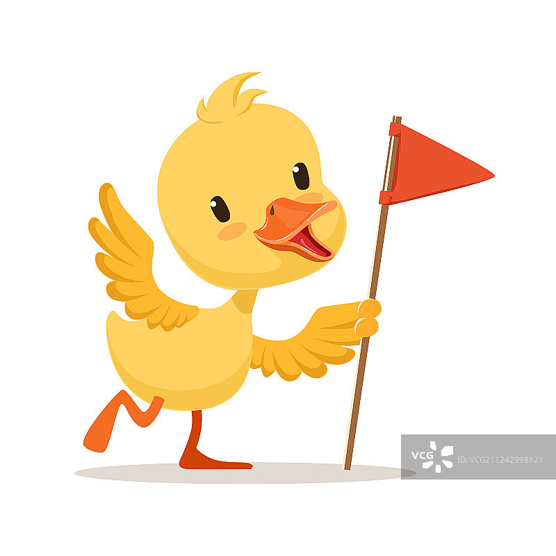 手持红旗的可爱黄色卡通小鸭图片素材