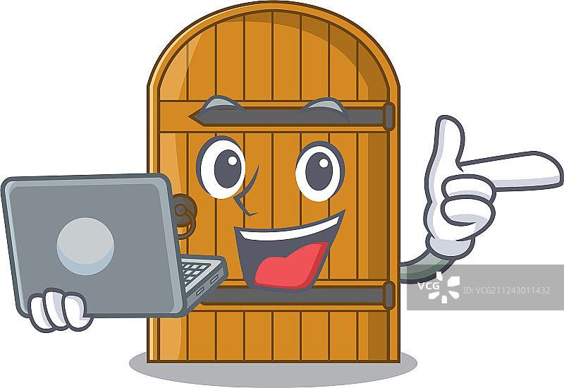 带有笔记本电脑的卡通木门已关闭图片素材