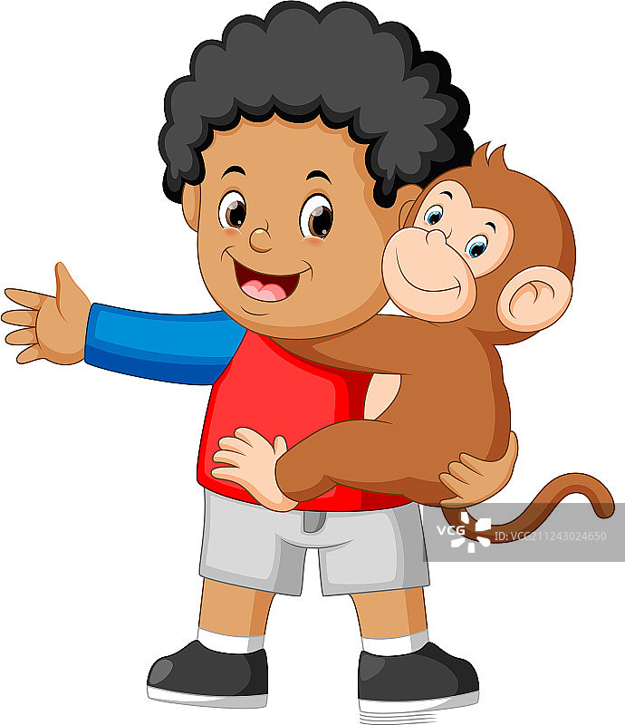 抱着滑稽猴子的小男孩图片素材