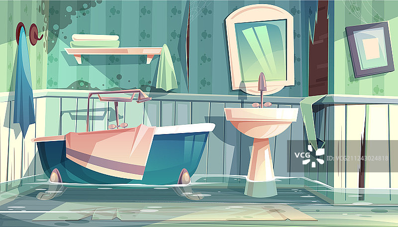 老房子浴室卡通水灾图片素材