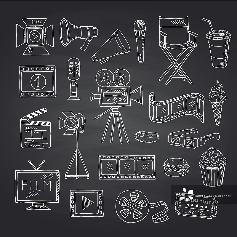 黑色黑板上的电影涂鸦图标图片素材