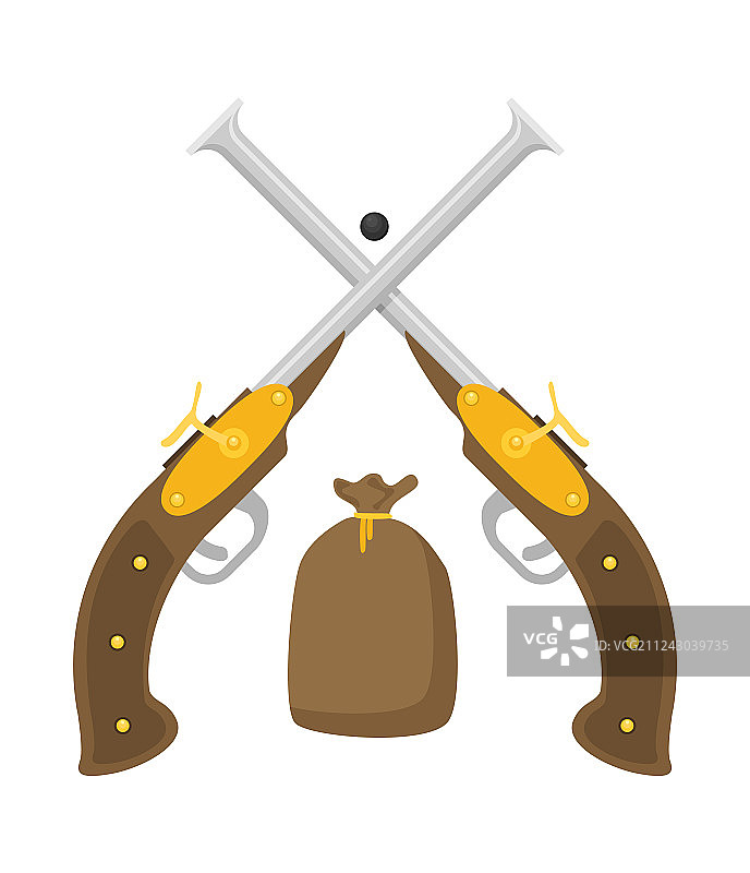 带子弹的扁平海盗手枪白色背景隔离图片素材