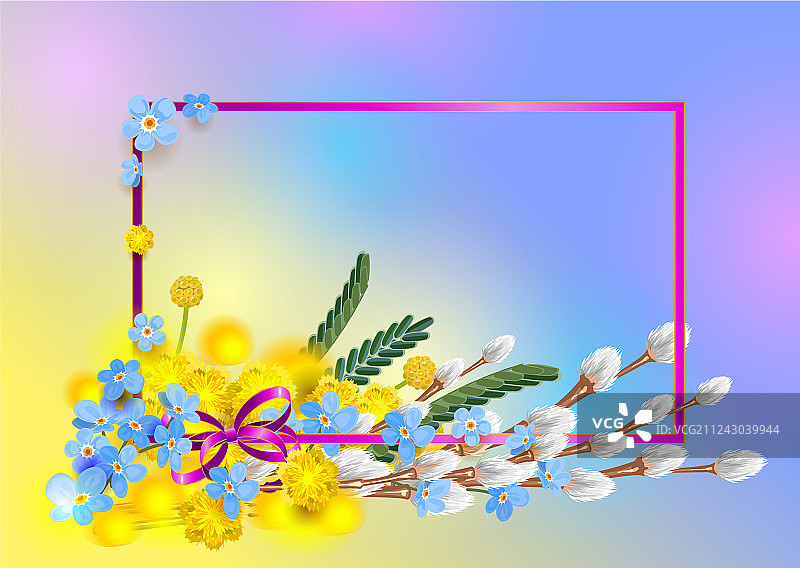 蓝色勿忘我和黄色含羞草花束图片素材