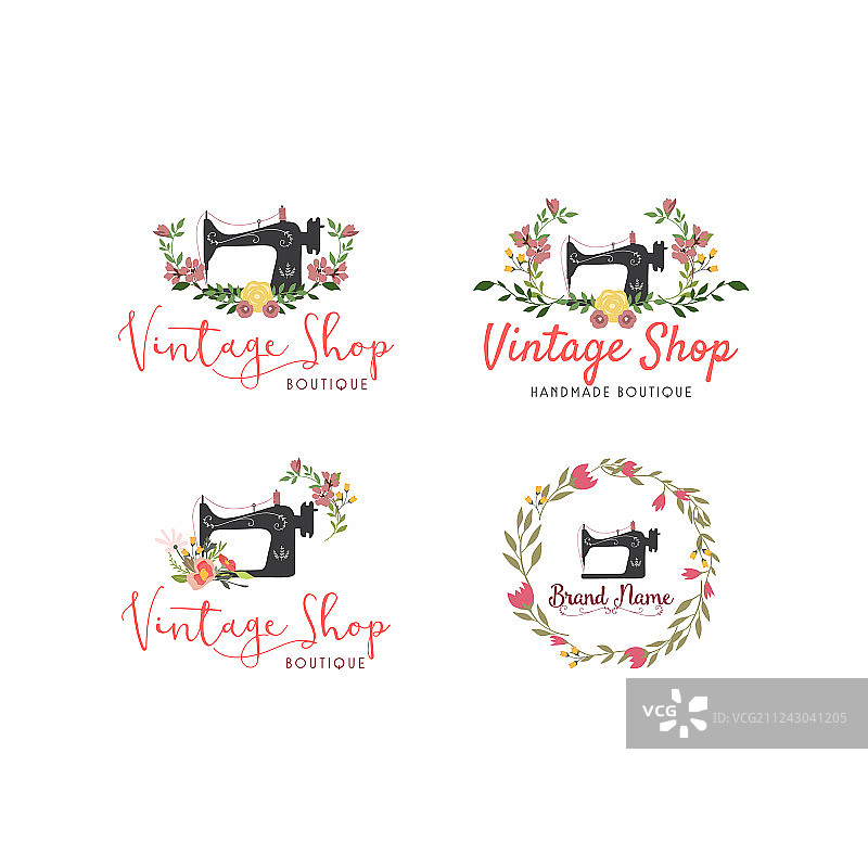 复古花卉时尚裁缝店logo套装图片素材