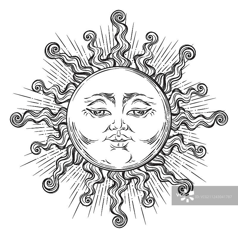 古董风格手绘太阳波西米亚时尚纹身图片素材